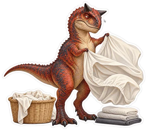 Carnotaurus — Trying to fold a fitted sheet with its comically tiny dinosaur sticker