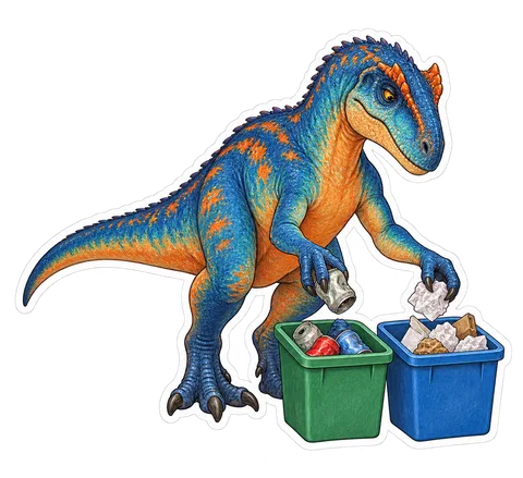 Allosaurus — Carefully sorting empty cans and paper into two small dinosaur sticker