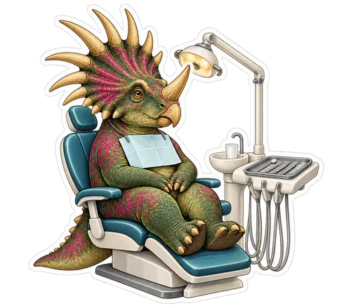 Styracosaurus — Sitting patiently in a dental chair wearing a tiny paper dinosaur sticker