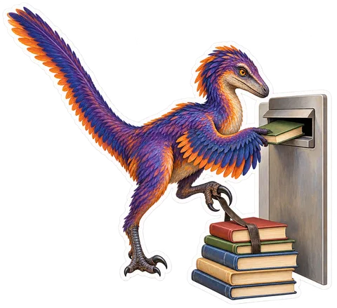 Deinonychus — Returning one book through a library return slot dinosaur sticker
