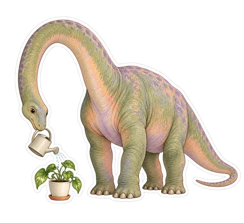 Apatosaurus — Watering one very small potted houseplant with a tiny dinosaur sticker