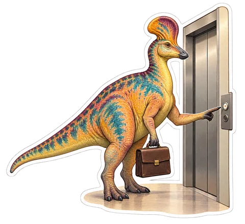 Corythosaurus — Waiting for a closed office elevator while holding a dinosaur sticker