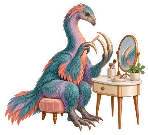 Therizinosaurus — Sitting at a little vanity and trying to file one of its dinosaur sticker
