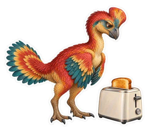 Oviraptor — Standing beside a compact kitchen toaster dinosaur sticker