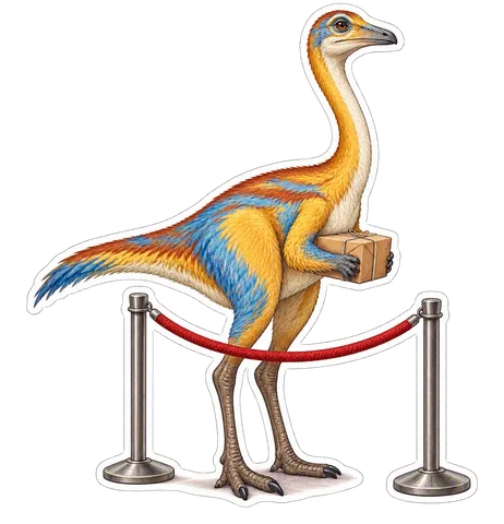 Gallimimus — Waiting in a slow post-office queue holding one tiny parcel dinosaur sticker
