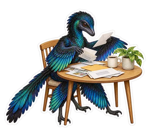 Microraptor — Sorting a small pile of dull envelopes and junk mail at a dinosaur sticker