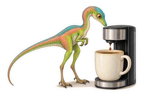 Compsognathus — Waiting for a single drop of coffee from a small dinosaur sticker