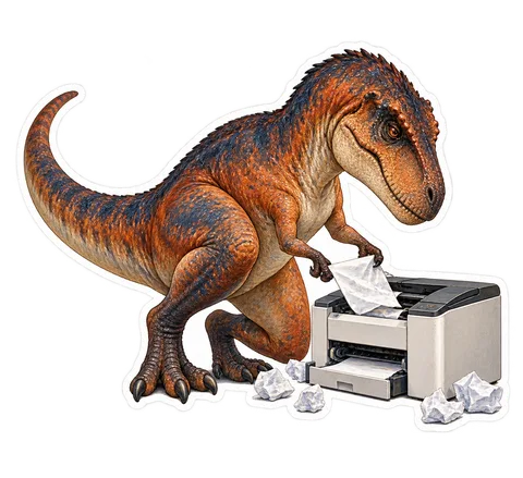 Albertosaurus — Kneeling beside a compact office printer and delicately dinosaur sticker