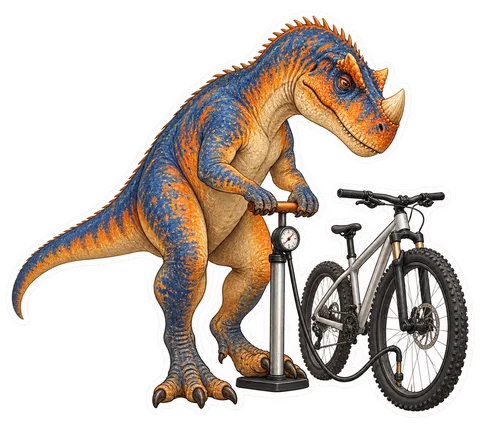 Ceratosaurus — Using a small hand pump to put air into a bicycle tire dinosaur sticker