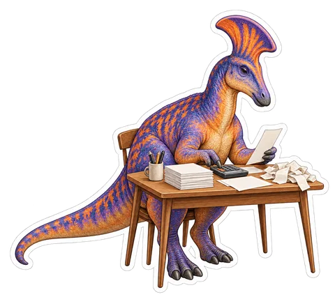 Lambeosaurus — Doing taxes at a small desk with a calculator dinosaur sticker
