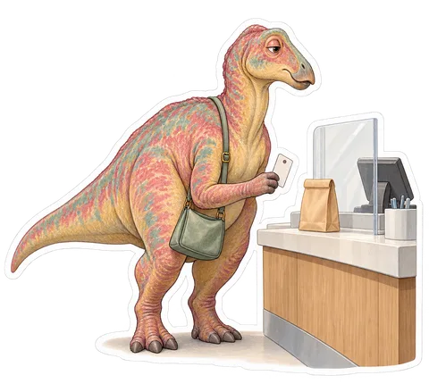 Maiasaura — Waiting at a pharmacy counter for a small plain dinosaur sticker