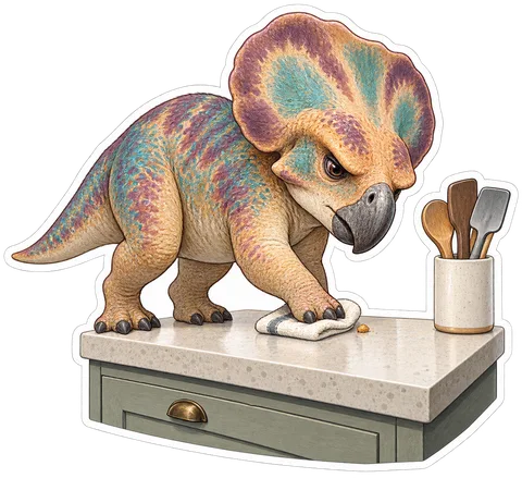 Protoceratops — Wiping a single crumb from a compact kitchen countertop dinosaur sticker