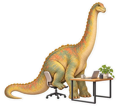 Argentinosaurus — Trying to sit in a tiny adjustable office chair at a dinosaur sticker