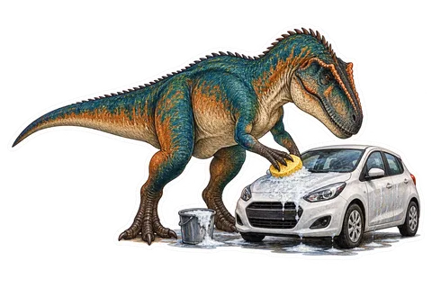 Giganotosaurus — Washing a small hatchback car with one sponge and a bucket dinosaur sticker