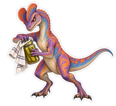 Dilophosaurus — Struggling to open an ordinary stubborn pickle jar with a dinosaur sticker