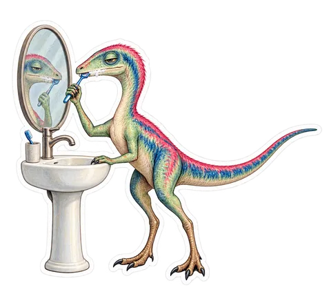 Coelophysis — Sleepily brushing its teeth at a tiny freestanding dinosaur sticker