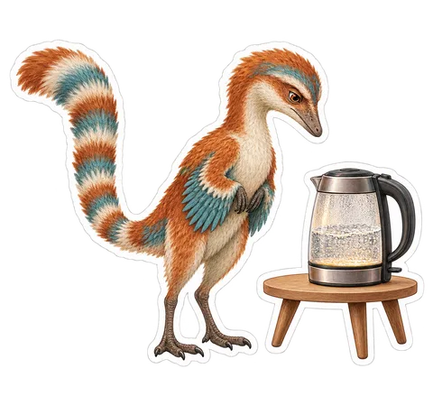 Sinosauropteryx — Standing by a compact electric kettle waiting for the dinosaur sticker