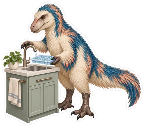 Yutyrannus — Carefully filling a small ice-cube tray at a compact dinosaur sticker