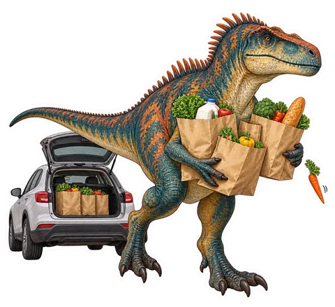 Acrocanthosaurus — Carrying every grocery bag from a small car trunk in one dinosaur sticker