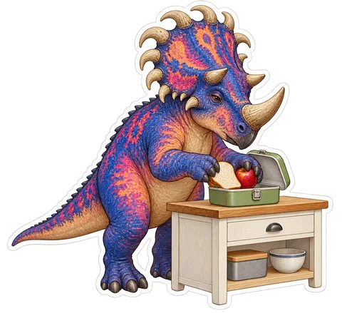 Centrosaurus — Packing a plain sandwich and apple into a very small dinosaur sticker
