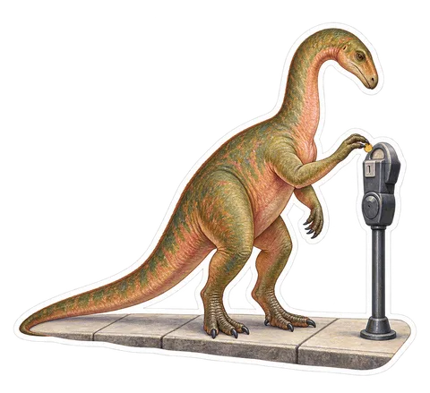 Plateosaurus — Paying a parking meter with one tiny coin dinosaur sticker
