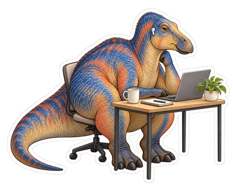 Shantungosaurus — Sitting at a tiny work desk in a dull video meeting on a dinosaur sticker