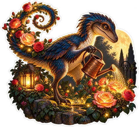 Moonlit rose watering — Velociraptor dinosaur sticker