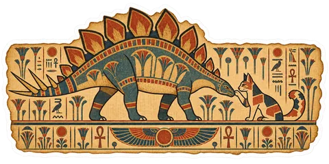 Stegosaurus & Cat — Egyptian hieroglyphic animal rows & Book of the Dead dinosaur sticker