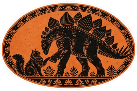 Stegosaurus & Cat — Greek black-figure pottery dinosaur sticker