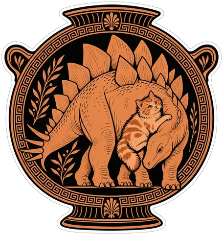 Stegosaurus & Cat — Greek red-figure pottery dinosaur sticker