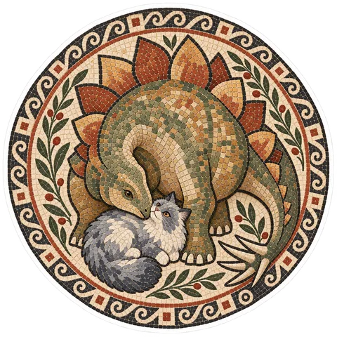 Stegosaurus & Cat — Roman mosaic (Pompeii, Alexander Mosaic) dinosaur sticker