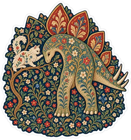 Stegosaurus & Cat — Unicorn Tapestries / millefleurs dinosaur sticker