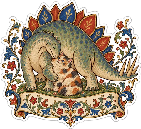 Stegosaurus & Cat — Medieval bestiary marginalia & drolleries dinosaur sticker