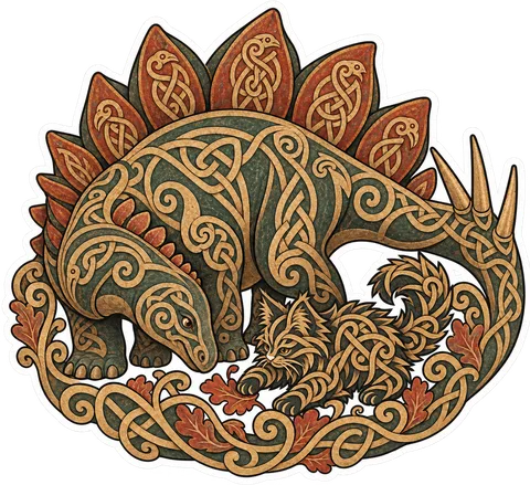 Stegosaurus & Cat — Norse Urnes / Jellinge / Ringerike animal interlace dinosaur sticker