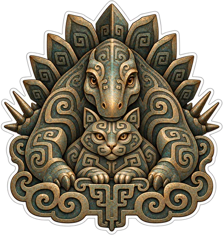 Stegosaurus & Cat — Chinese bronze taotie mask & leiwen thunder-spiral ground dinosaur sticker