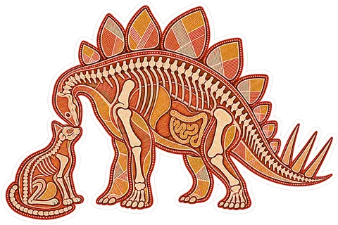 Stegosaurus & Cat — Aboriginal Arnhem Land "x-ray" bark painting dinosaur sticker
