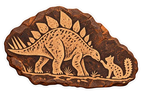 Stegosaurus & Cat — Petroglyph / pecked rock art & desert varnish dinosaur sticker