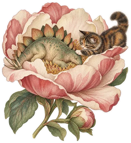 Stegosaurus & Cat — Curtis's Botanical Magazine / Redouté dinosaur sticker
