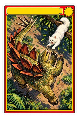 Stegosaurus & Cat — Topps Dinosaurs Attack! (1988) — art by Tom Bunk dinosaur sticker