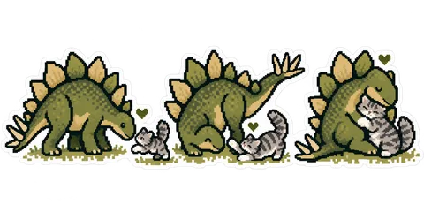 Stegosaurus & Cat — 1-bit and 8-bit pixel art (Atari 2600, NES, Game Boy) dinosaur sticker