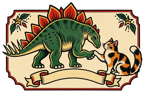 Stegosaurus & Cat — American traditional / Sailor Jerry tattoo flash dinosaur sticker